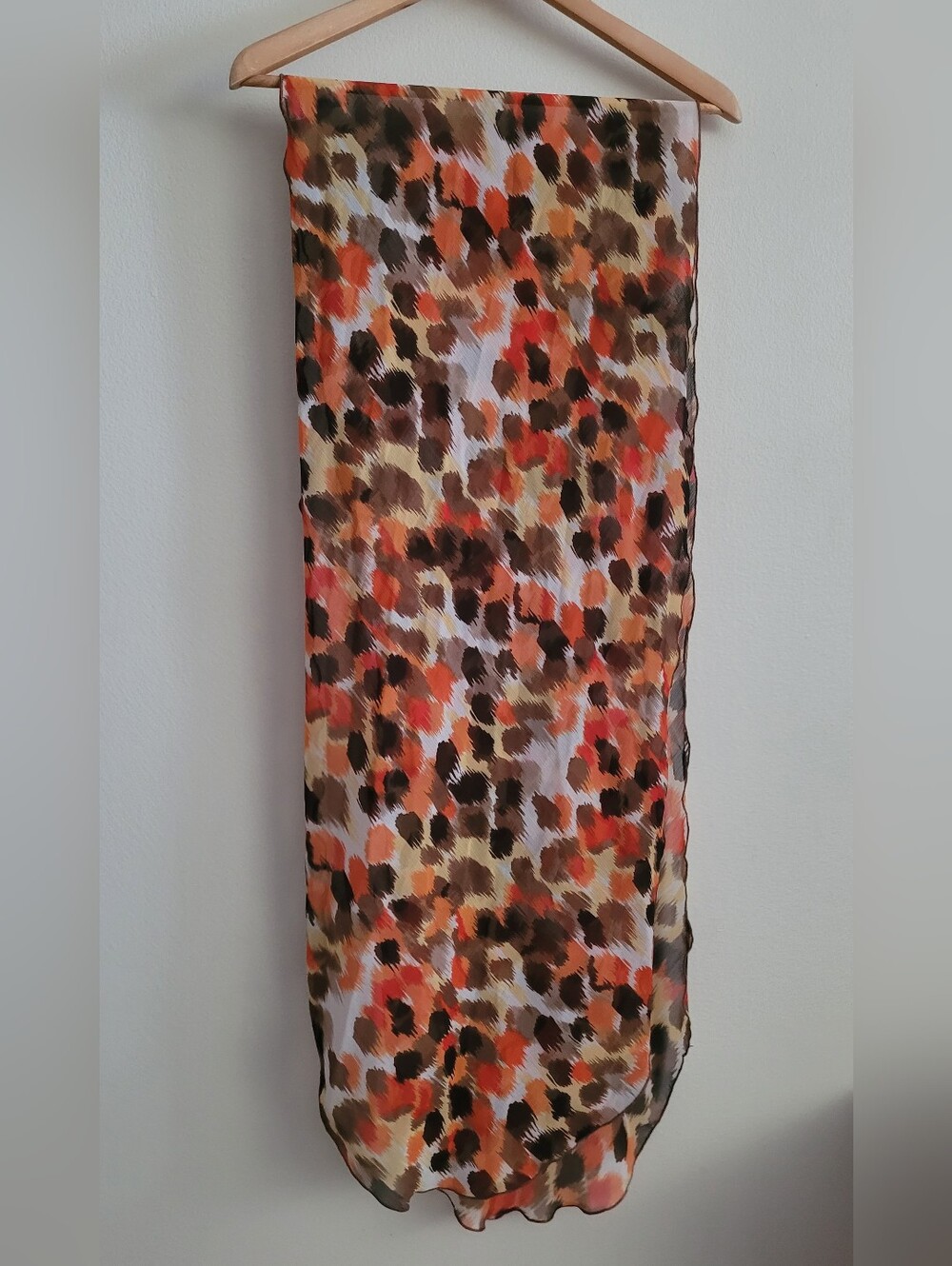Chico's Warm Watercolor Gauzy Crinkle Scarf, Cream, Brown & Blood Orange